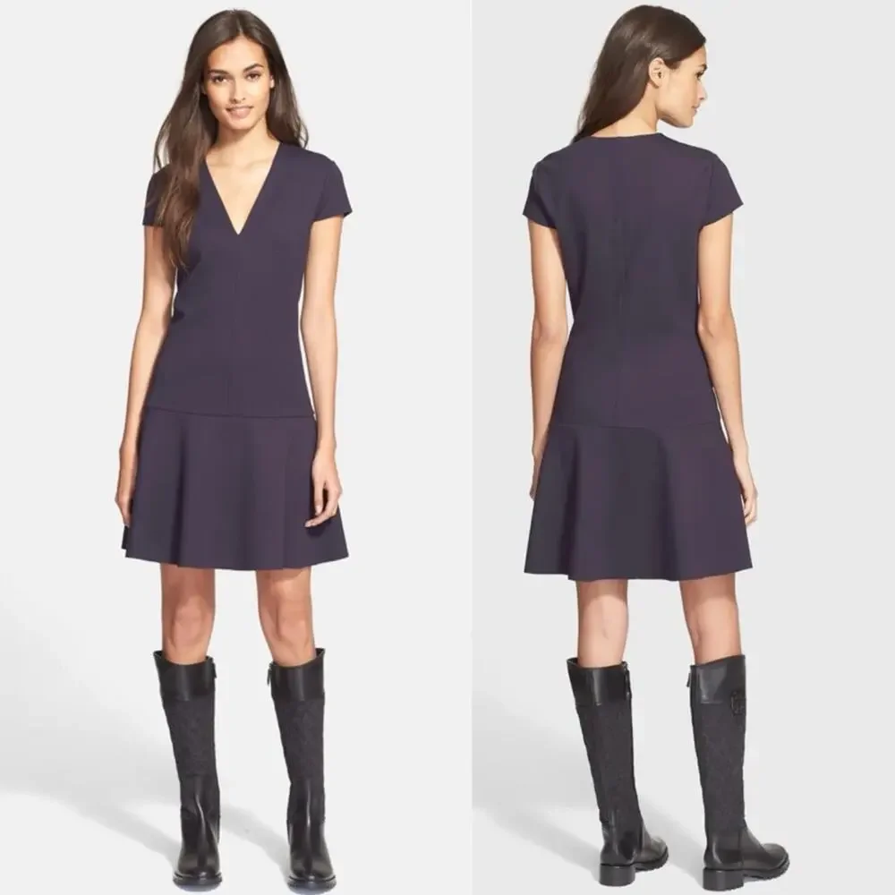 Tory Burch Cap Sleeve V-neck Ruffle Shift Dress Navy Blue Sz M